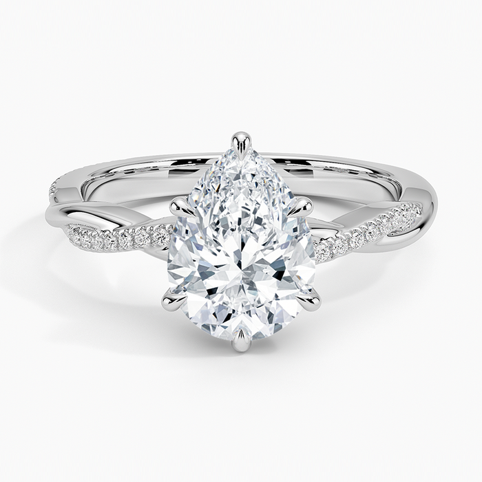 Pear cut moissanite petite twisted vine pave engagement ring in white gold, top view