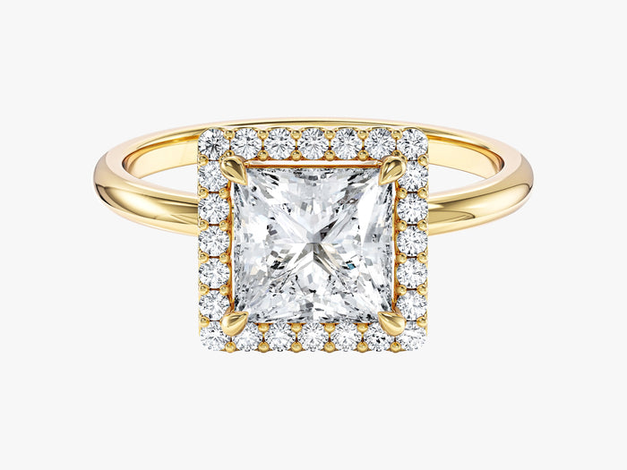 Square princess moissanite halo engagement ring with four claw corners in 14K yellow gold, front view
