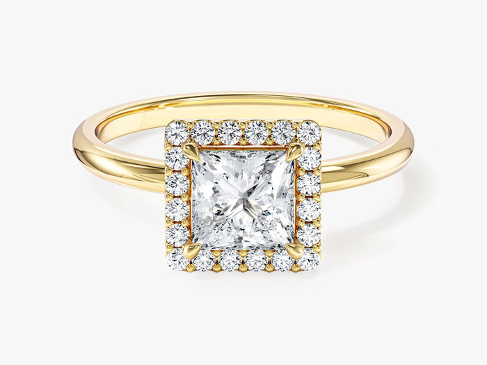 Classic princess moissanite square halo engagement ring on a slim band in 14K yellow gold