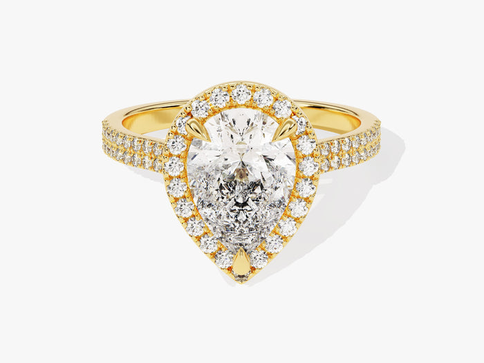 Pear lab grown diamond halo engagement ring with double row pave band in yellow gold, front view