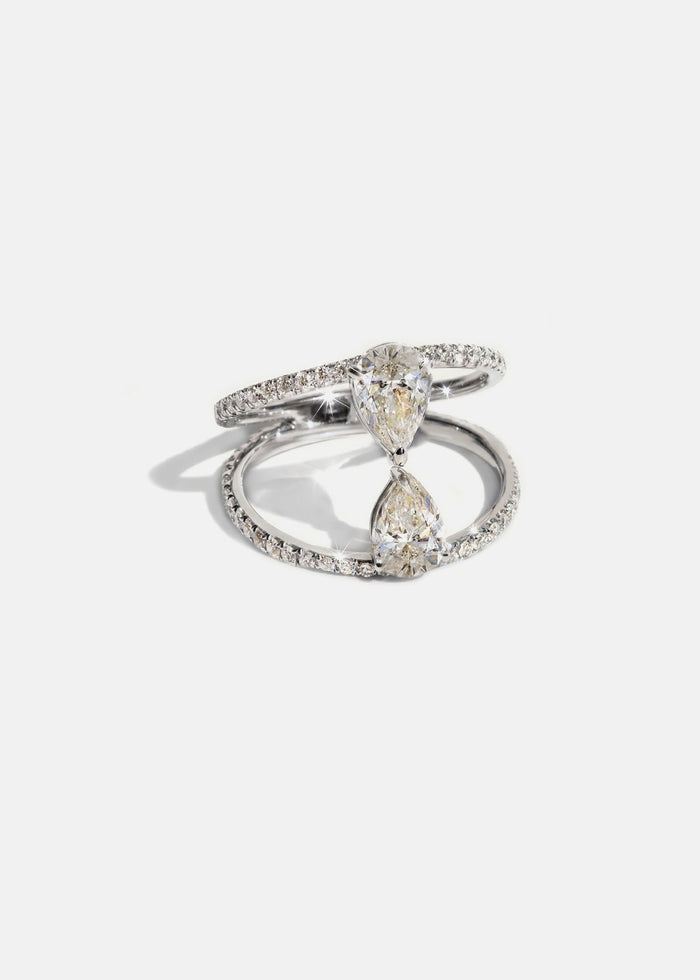 Two pear cut moissanite engagement ring on a pave double band in yellow gold, view 2