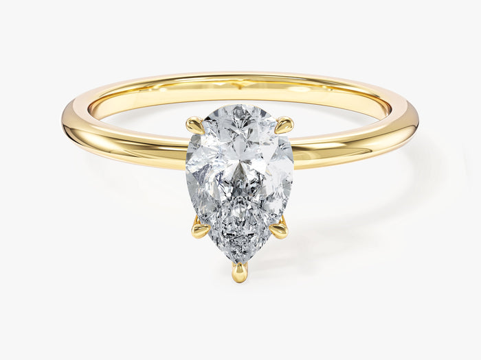 Pear cut lab grown diamond minimalist solitaire in yellow gold, front view