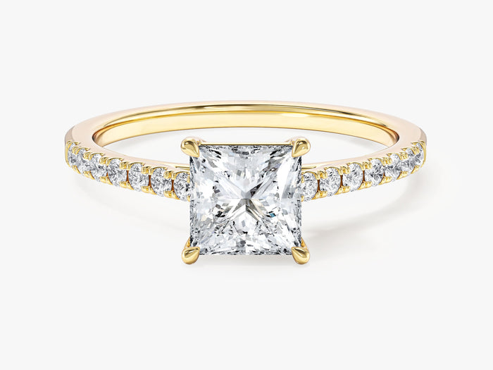 Princess cut lab grown diamond pave band engagement ring in yellow gold, front view