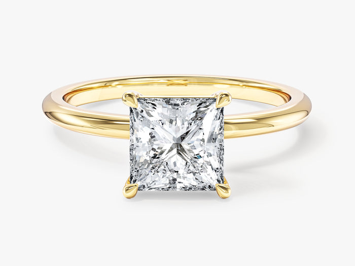 Princess cut lab grown diamond four prong solitaire engagement ring in yellow gold, front view