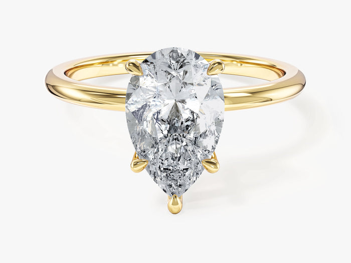 Pear lab grown diamond five prong solitaire engagement ring in yellow gold, front view