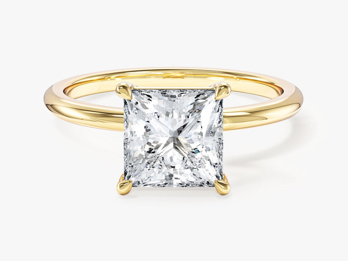 Princess cut lab grown diamond V prong solitaire engagement ring in yellow gold, front view
