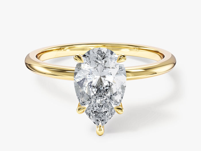 Pear shaped lab grown diamond teardrop solitaire in yellow gold, front view