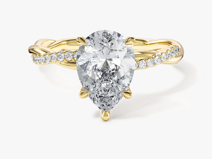 Pear lab grown diamond twisted pave band engagement ring in yellow gold, front view