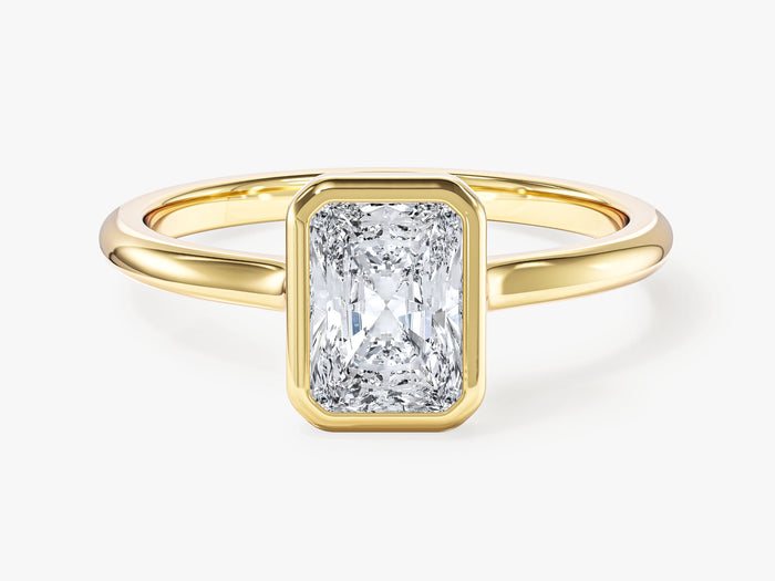 Radiant lab grown diamond minimalist bezel set engagement ring in yellow gold, front view