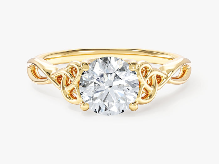 Round lab grown diamond Celtic knot solitaire engagement ring in yellow gold, front view