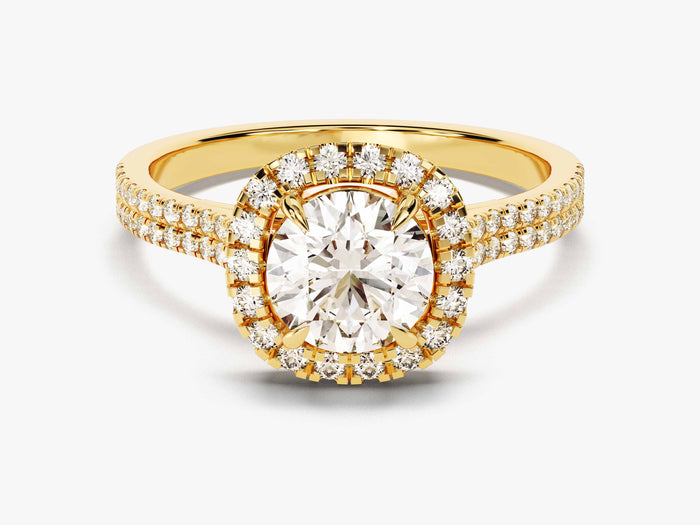 Round moissanite cushion halo engagement ring with double row pave band in 14K yellow gold, front view