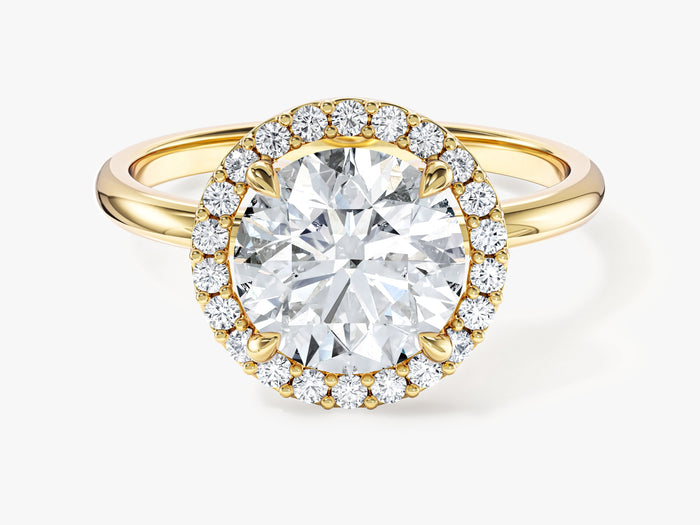 Round brilliant moissanite four claw halo engagement ring on a slim band in yellow gold, front view
