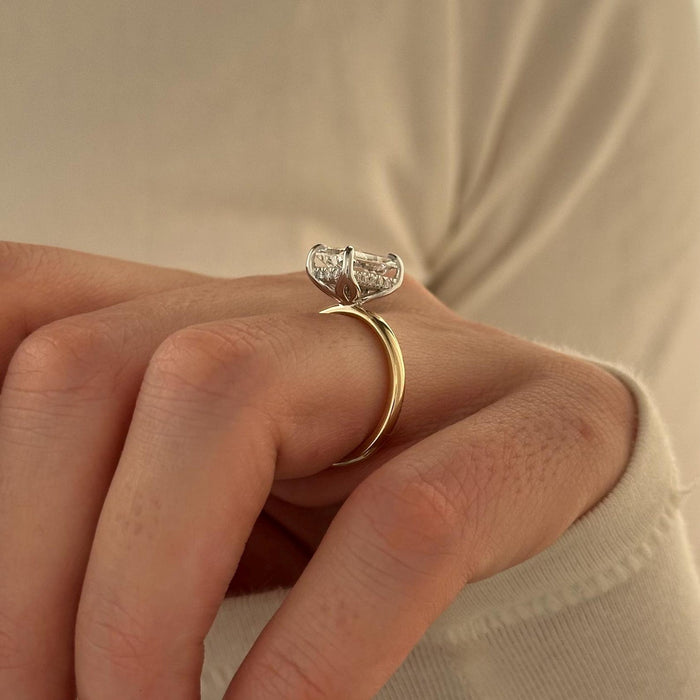 Radiant cut moissanite hidden halo engagement ring in white and yellow gold, view 2
