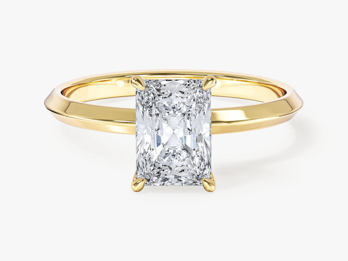 Rectangle radiant lab grown diamond solitaire engagement ring in yellow gold, front view
