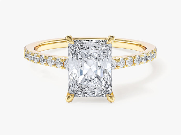 Radiant cut moissanite engagement ring with pave band in 14K yellow gold, front view