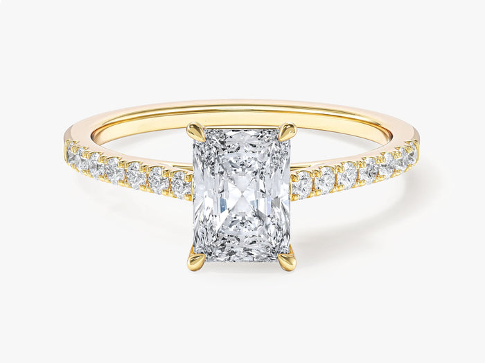 Radiant moissanite solitaire engagement ring with micro pave shoulders in 14K yellow gold, front view