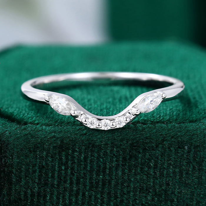 Round and Marquise moissanite wave curved wedding band, front view in white gold
