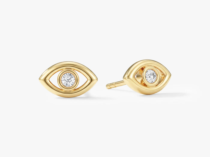 Pair of round bezel evil eye lab grown diamond stud earrings in yellow gold, E color VVS2 lab grown diamonds