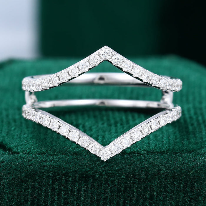 Round moissanite double curved pave wedding band, front view in white gold