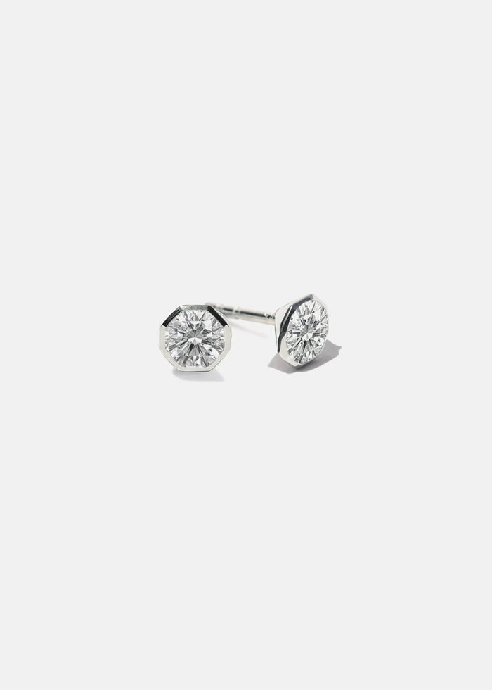 Round Moissanite Bezel Set Stud Earrings, Octagon Bezel Solitaire Studs, view 2
