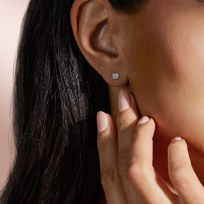 Round Brilliant Moissanite Stud Earrings, Classic 4 Prong Basket Studs, view 2