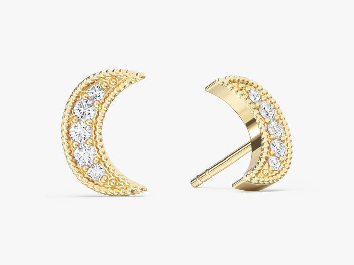 Pair of round pave crescent moon lab grown diamond stud earrings in yellow gold, E color VVS2 lab grown diamonds