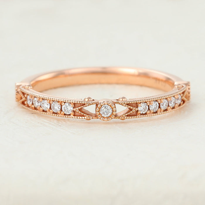 Round moissanite vintage milgrain wedding band, front view in rose gold