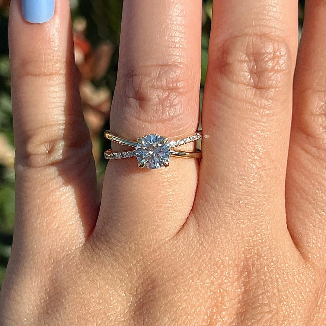 Round Cut Moissanite Split Shank Engagement Ring Pave Wedding Ring Mapple Gems