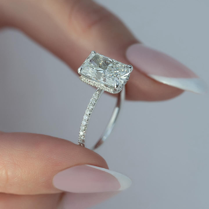 Radiant Moissanite Hidden Halo Ring with Pavé Band: A Buyer's Guide