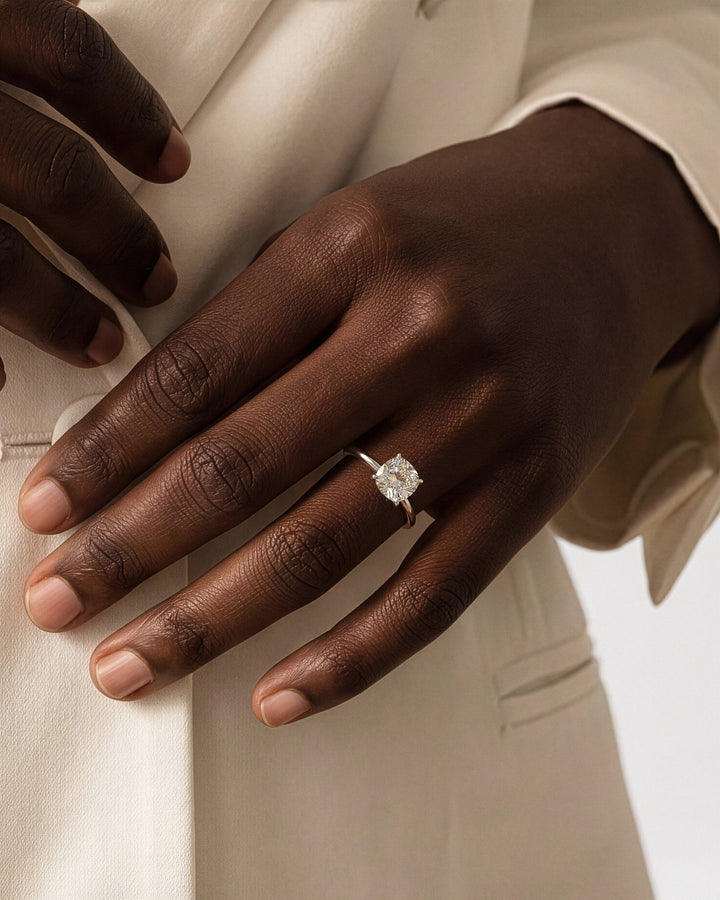Square Cushion Moissanite Solitaire on a Slim Band: A Buyer's Guide