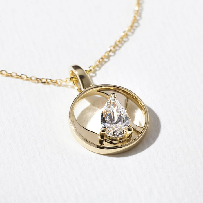Pear Solitaire Round Disc Frame Moissanite Pendant Necklace image 2