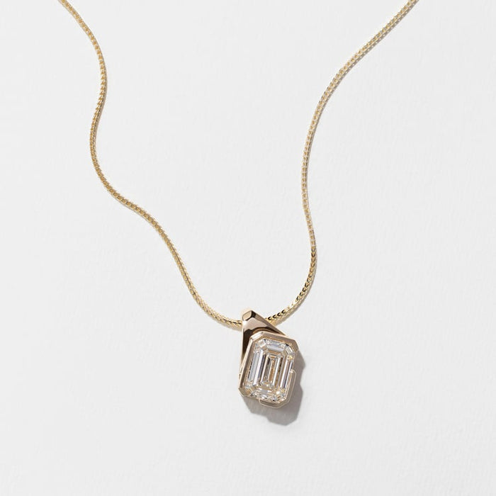 Emerald Cut Bezel Solitaire Angular Bail Moissanite Pendant Necklace image 1