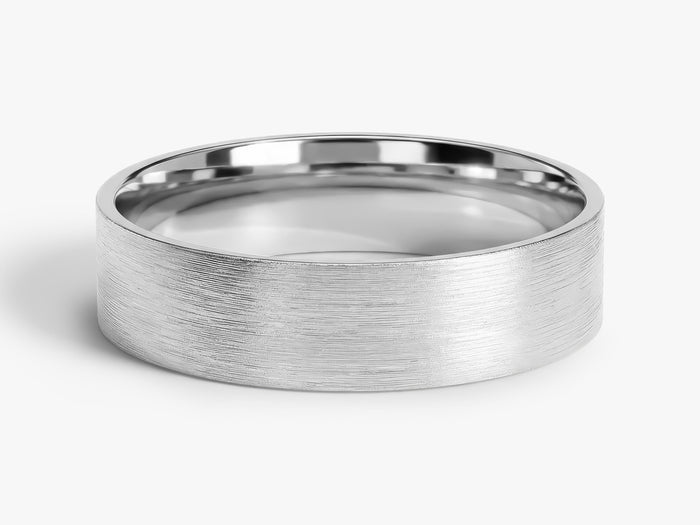 5mm flat wedding band with matte brushed finish in white gold
