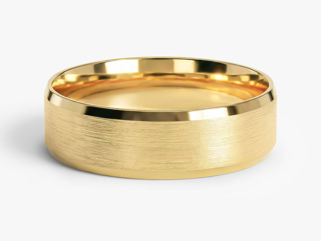 6mm beveled edge wedding band with matte brushed center in yellow gold