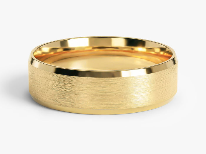 6mm beveled edge wedding band with matte brushed center in yellow gold