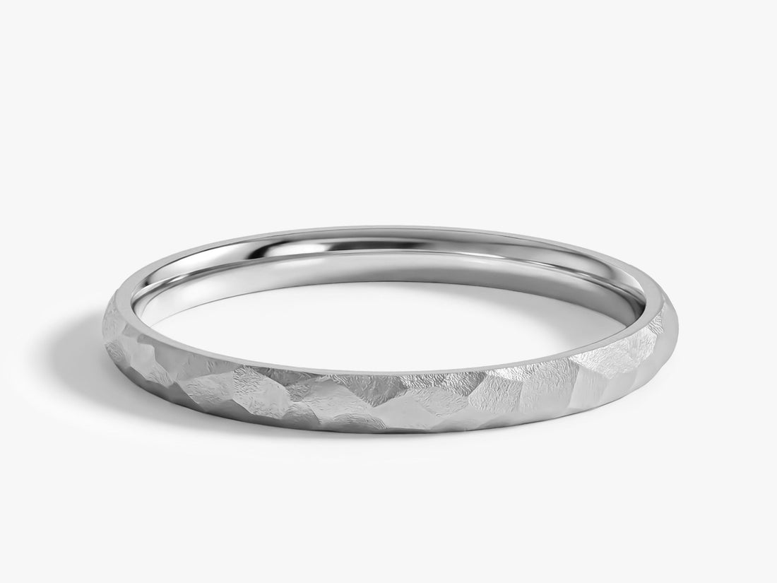 2mm hammered dome wedding band in white gold, front view