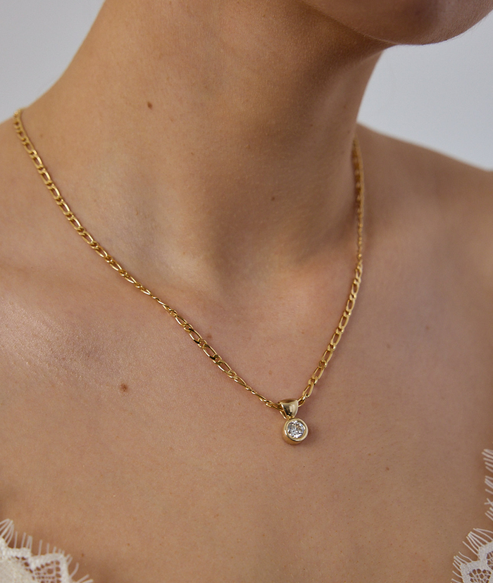 Round Bezel Solitaire Figaro Chain Moissanite Pendant Necklace image 2