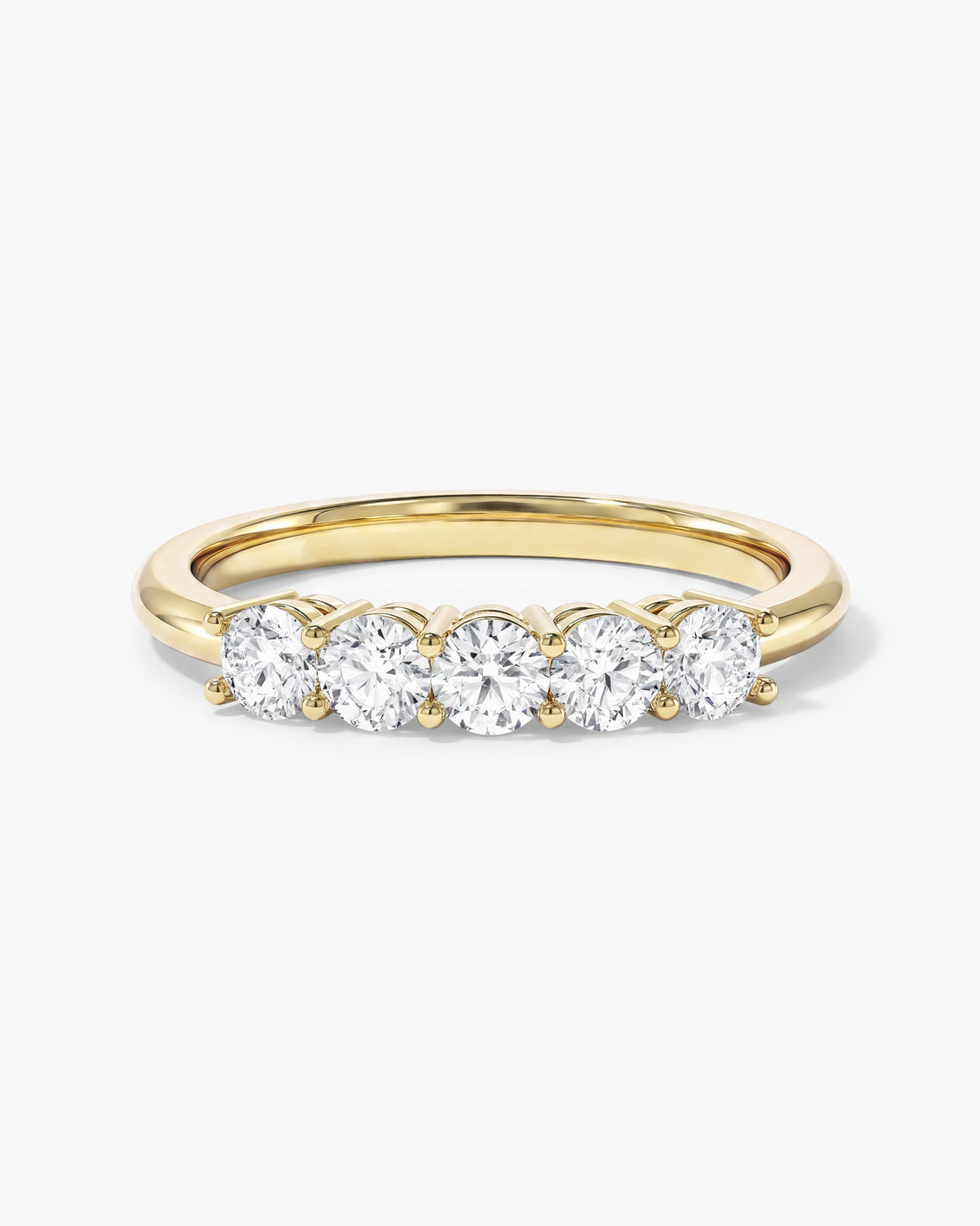 Round moissanite classic five stone anniversary band in yellow gold, front view