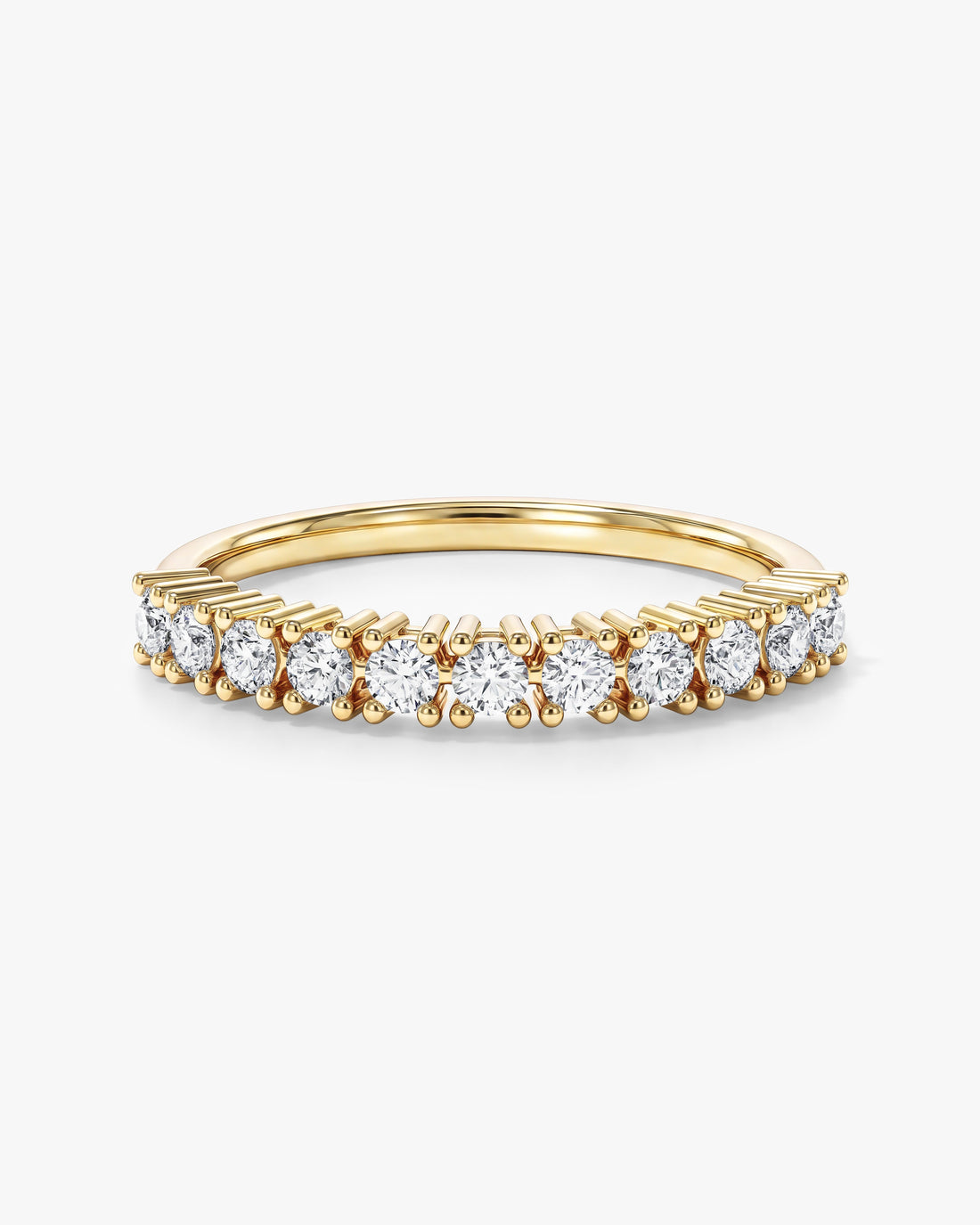 Round moissanite eleven stone basket anniversary band in yellow gold, front view