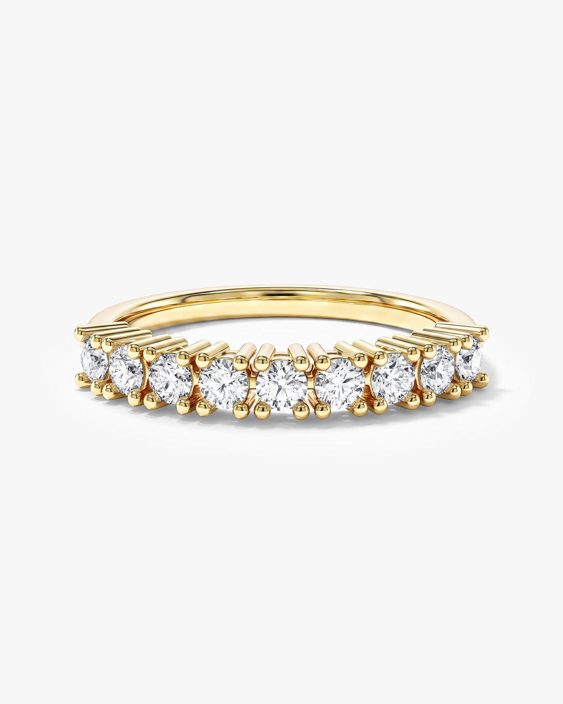 Round moissanite nine stone basket anniversary band in yellow gold, front view