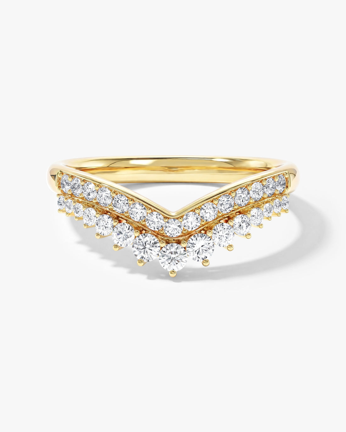 Round moissanite tiara curved wedding band in yellow gold, front view