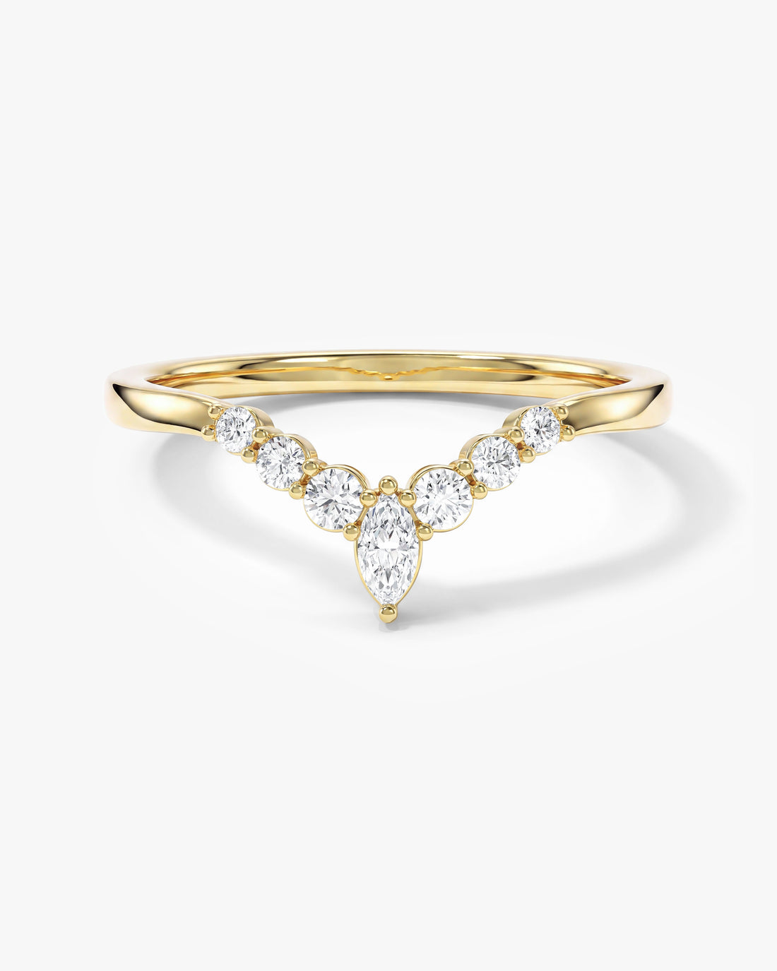 Marquise moissanite vintage tipped curved wedding band in yellow gold, front view