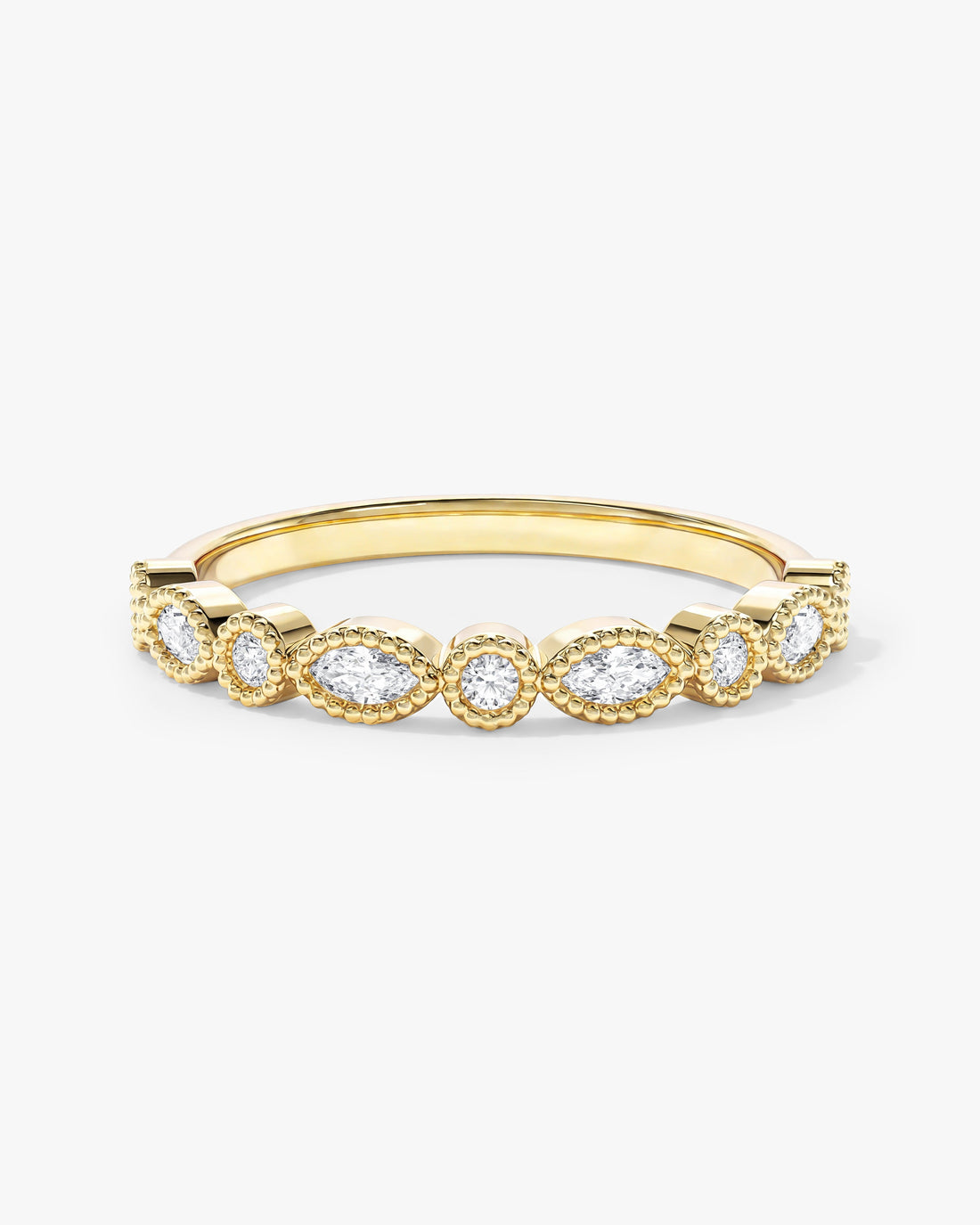 Marquise moissanite milgrain bezel wedding band in yellow gold, front view