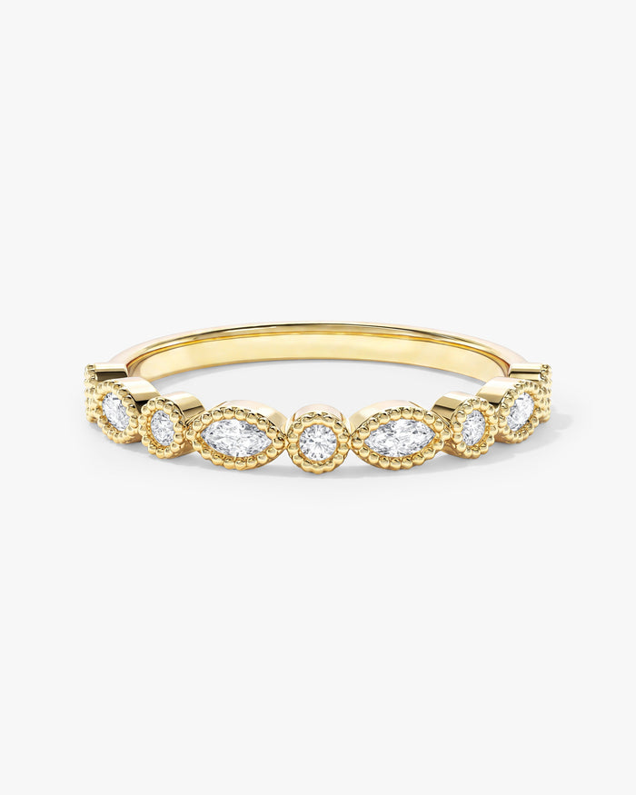 Marquise moissanite milgrain bezel wedding band in yellow gold, front view