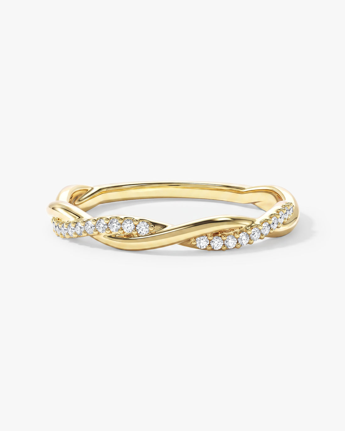 Round moissanite twisted vine wedding band in yellow gold, front view