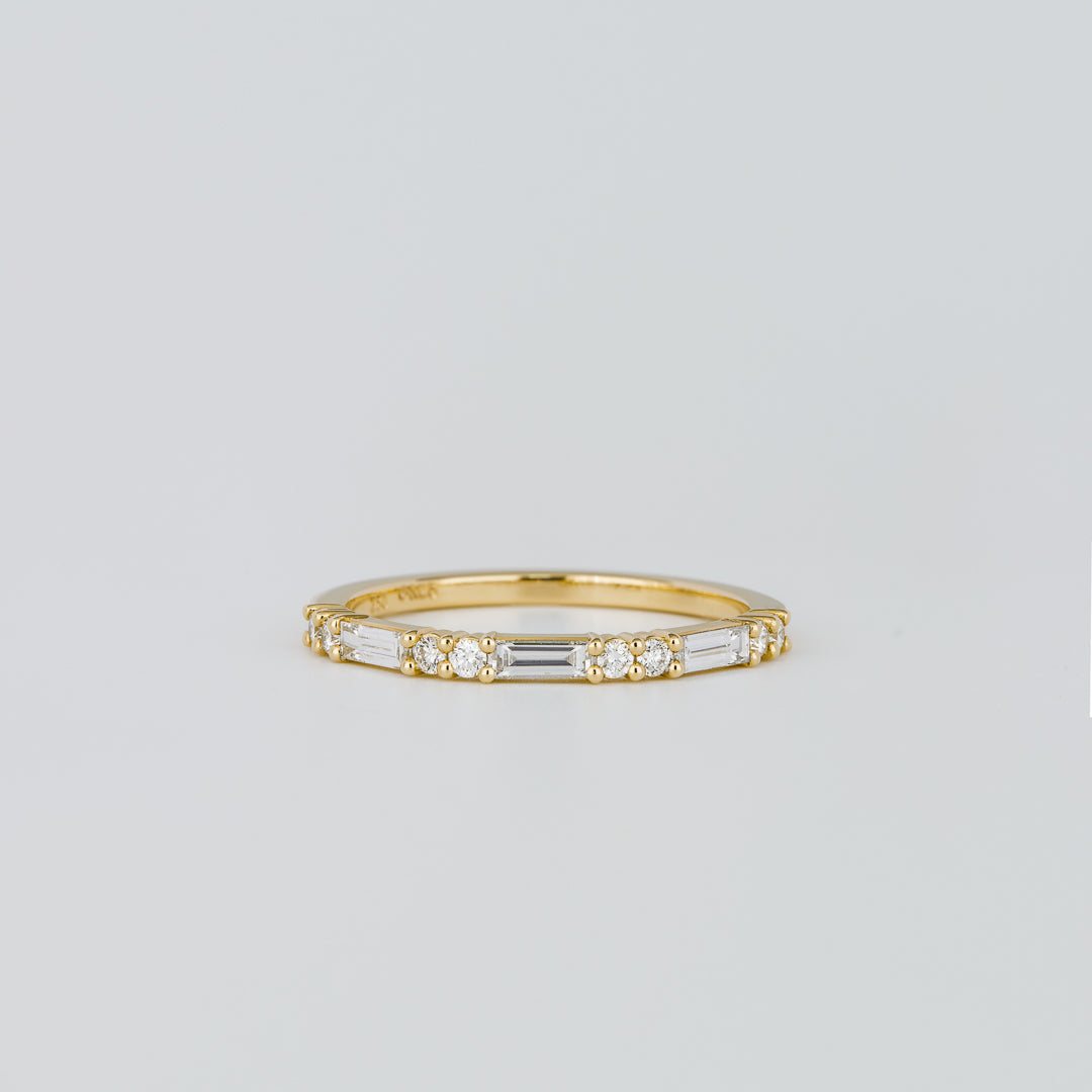 Baguette and round lab grown diamond half eternity band in yellow gold, front view