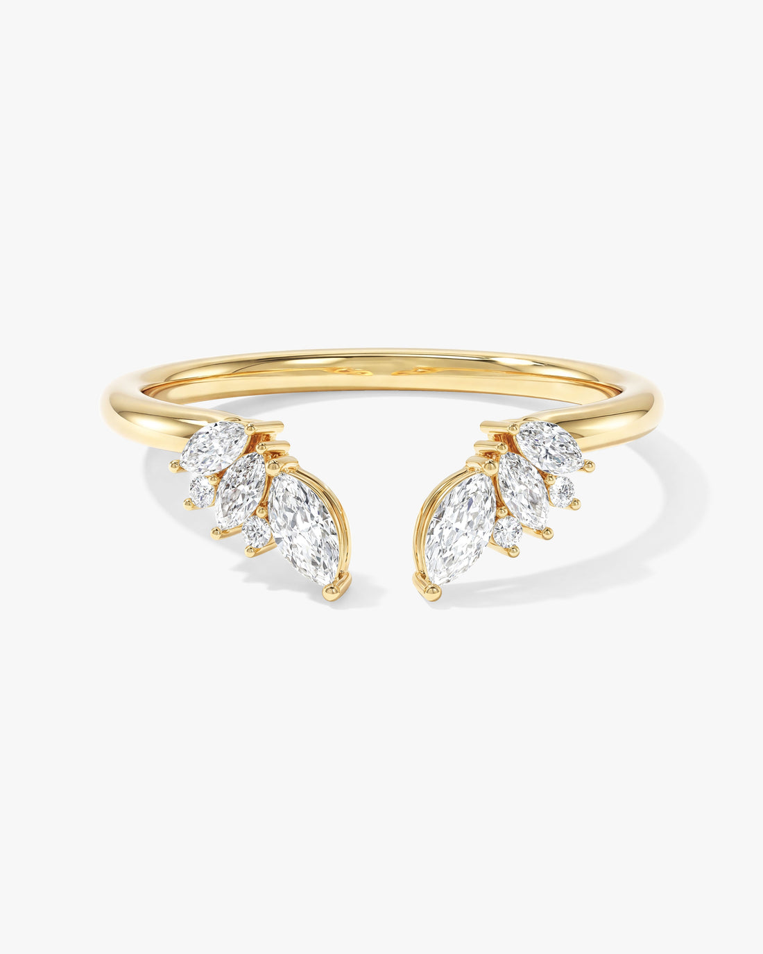 Marquise moissanite open cluster wedding band in yellow gold, front view