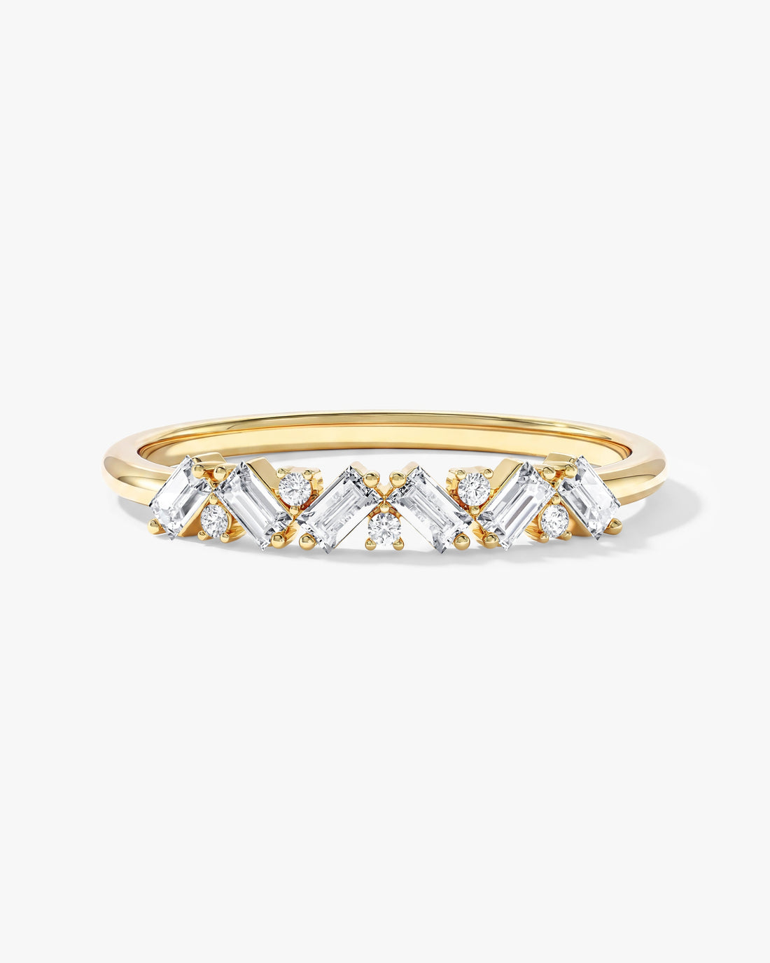 Baguette moissanite petite cluster wedding band in yellow gold, front view