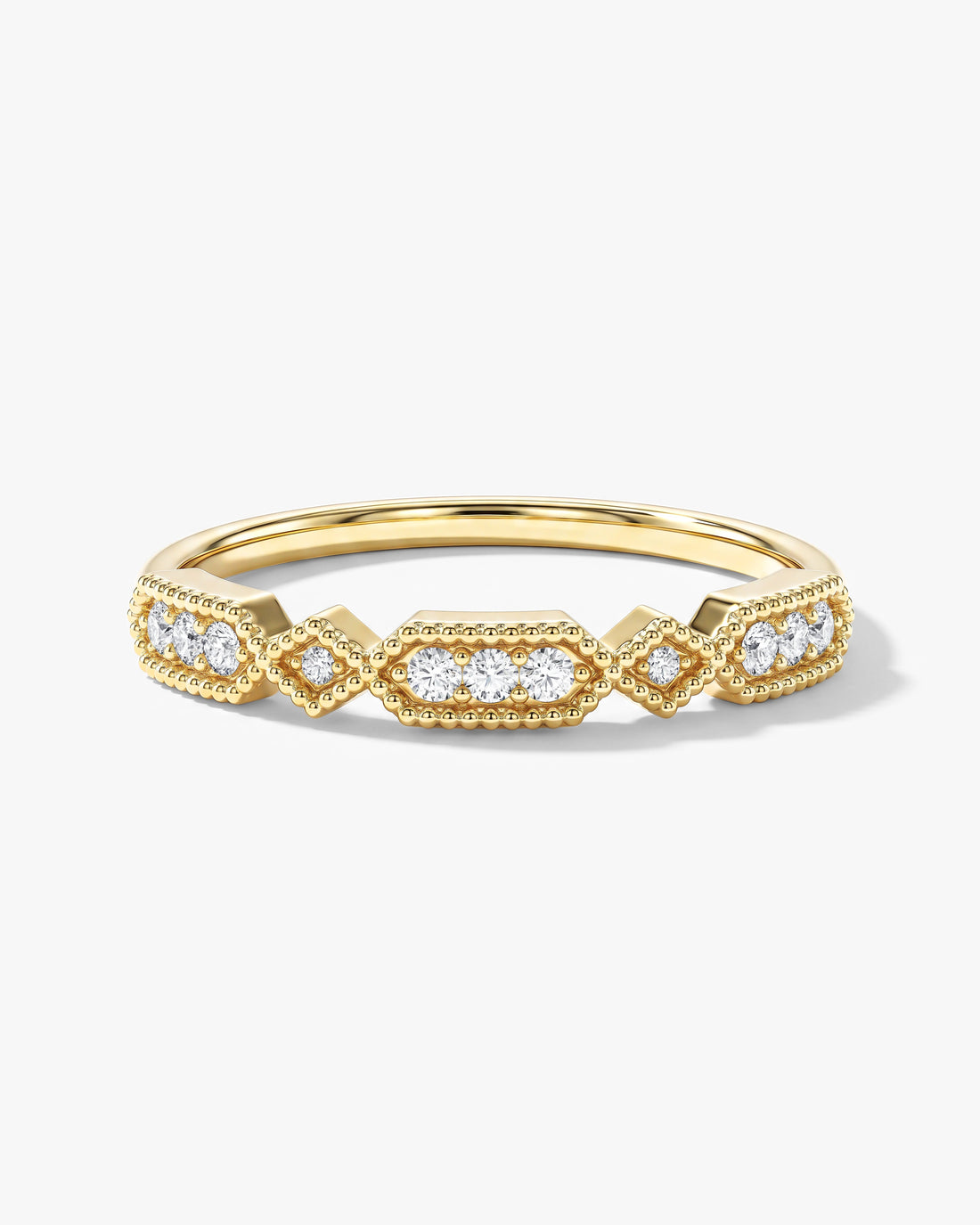Round moissanite Art Deco milgrain vintage wedding band in yellow gold, front view