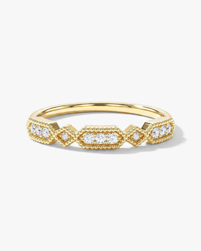 Round moissanite Art Deco milgrain vintage wedding band in yellow gold, front view